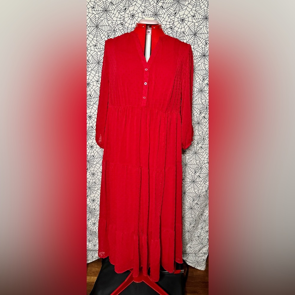 TORRID RED MAXI CHIFFON CLIP DOT PLEATED DRESS